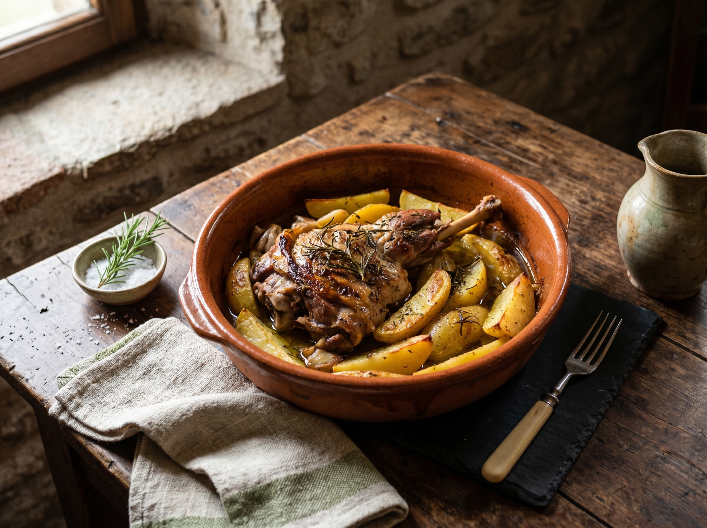 Agnello al forno umbro: coscio con rosmarino e aglio, patate dorate, tradizione pasquale nursina