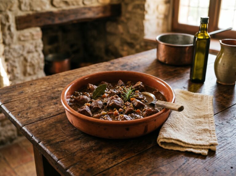 Cinghiale in umido umbro: carne di selvaggina con olive nere e Sagrantino di Montefalco