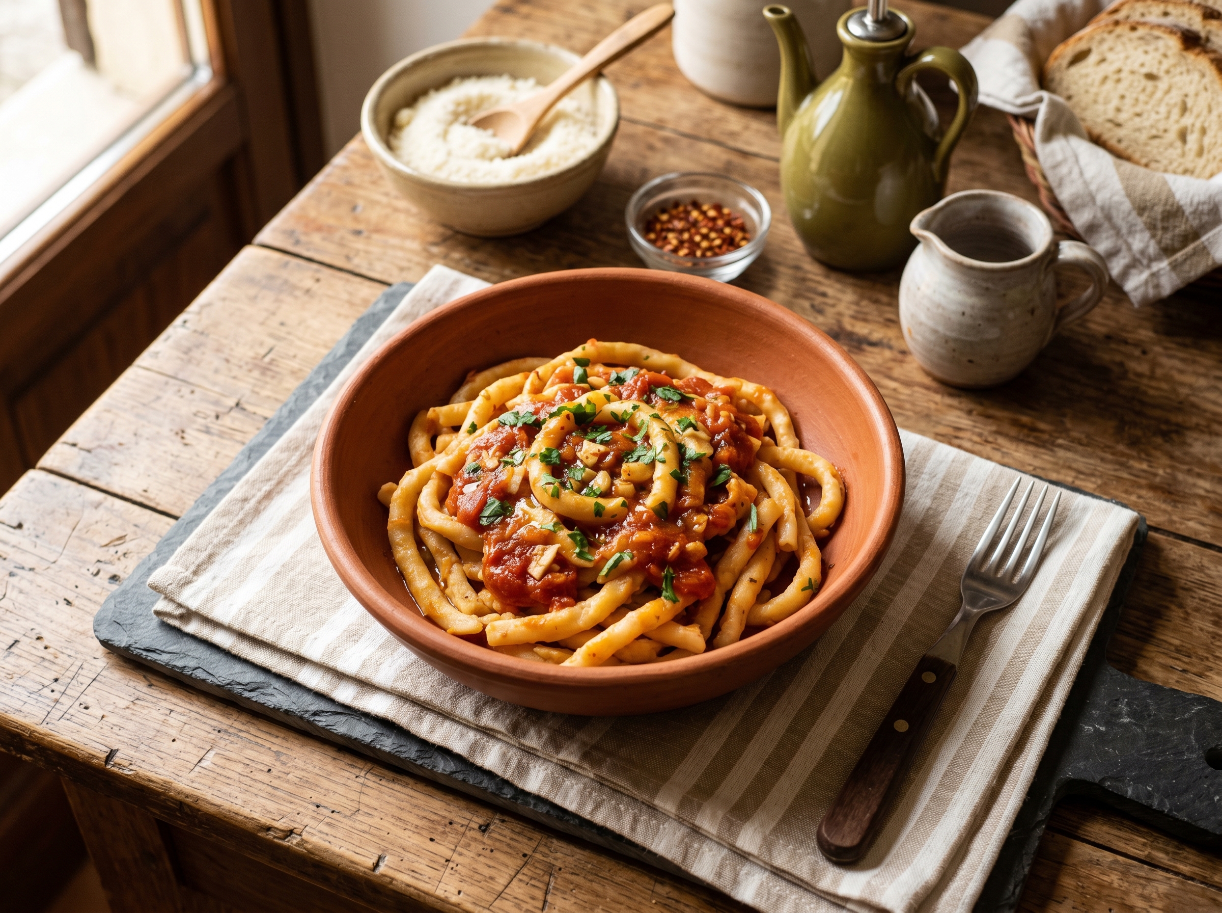 Ciriole alla ternana: pasta fresca di Terni con sugo di pomodoro aglio olio e peperoncino