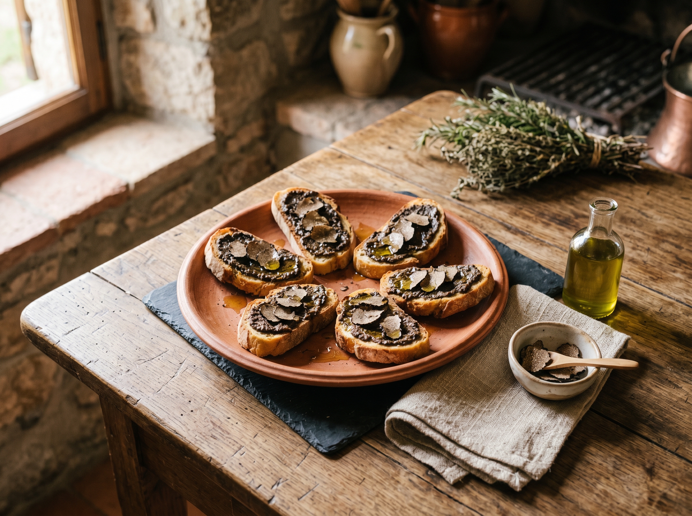Crostini al tartufo nero di Norcia: fette di pane umbro tostato con salsa di tartufo fresco