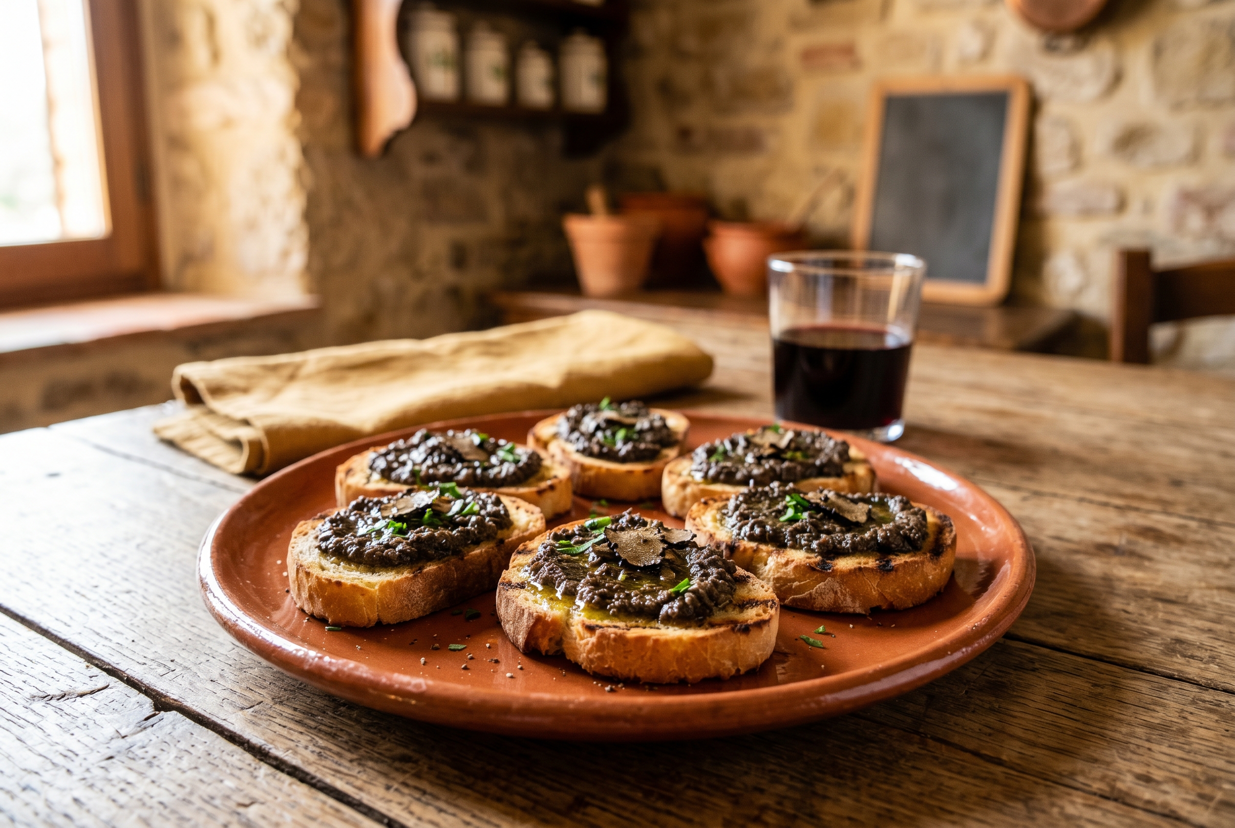 Crostini al Tartufo Nero di Norcia servito a tavola