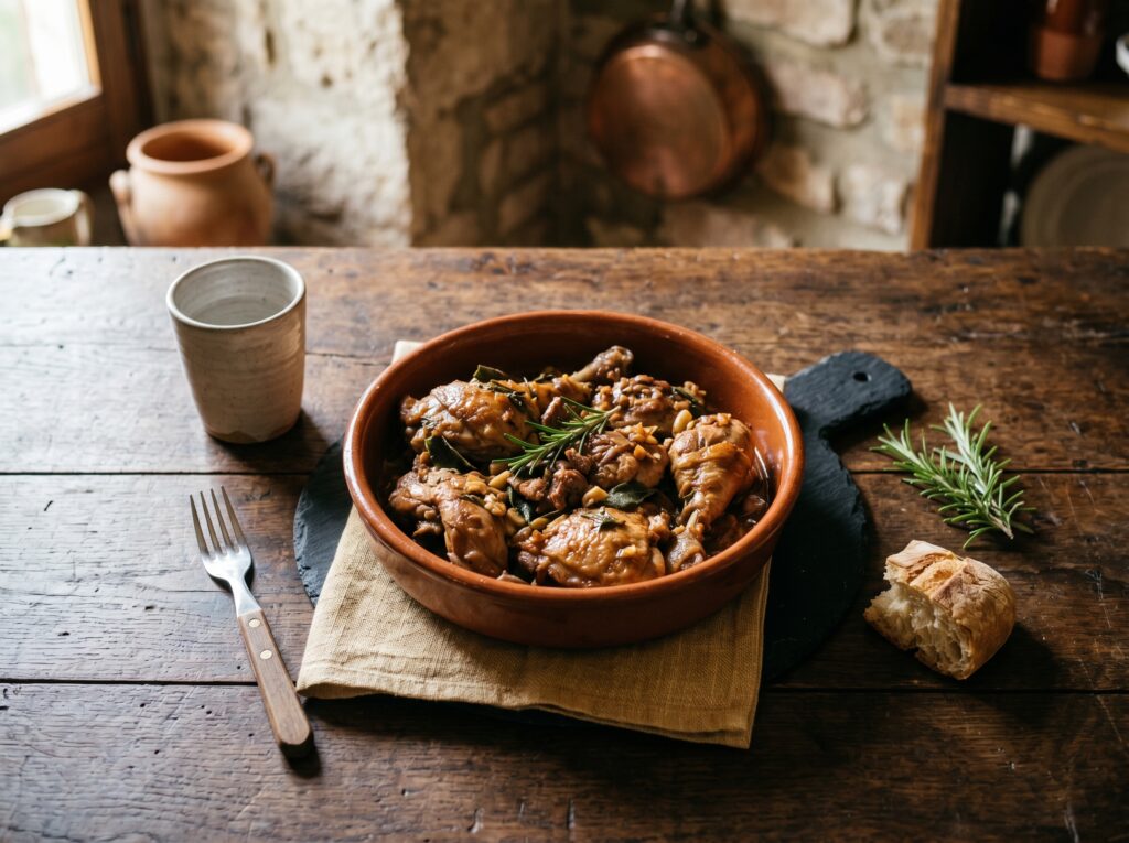 Friccò all'eugubina: fricassea di pollo e coniglio con crema di uovo e limone, tradizione di Gubbio