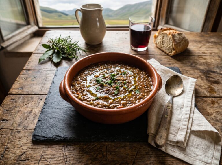 Lenticchie di Castelluccio IGP: zuppa tradizionale umbra della Valnerina con olio extravergine