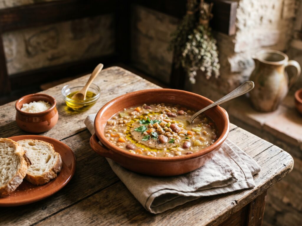Minestra di farro umbra: il piatto tradizionale spoletino con farro decorticato e fagioli borlotti