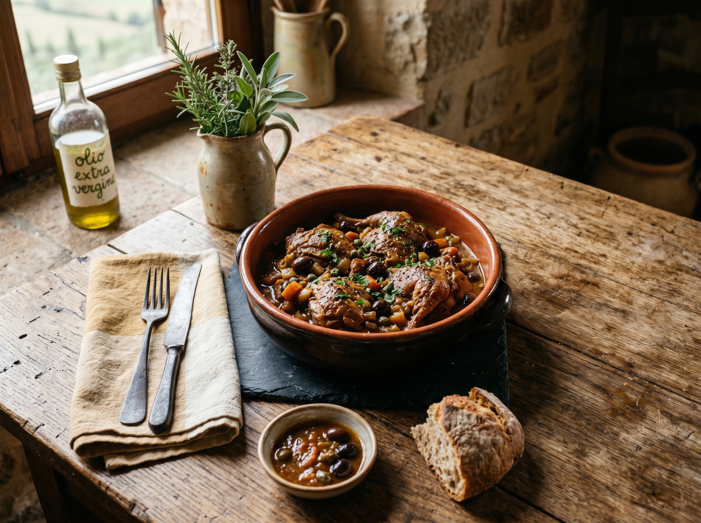Palomba alla ghiotta umbra: colombaccio con olive nere e capperi in intingolo di vino rosso