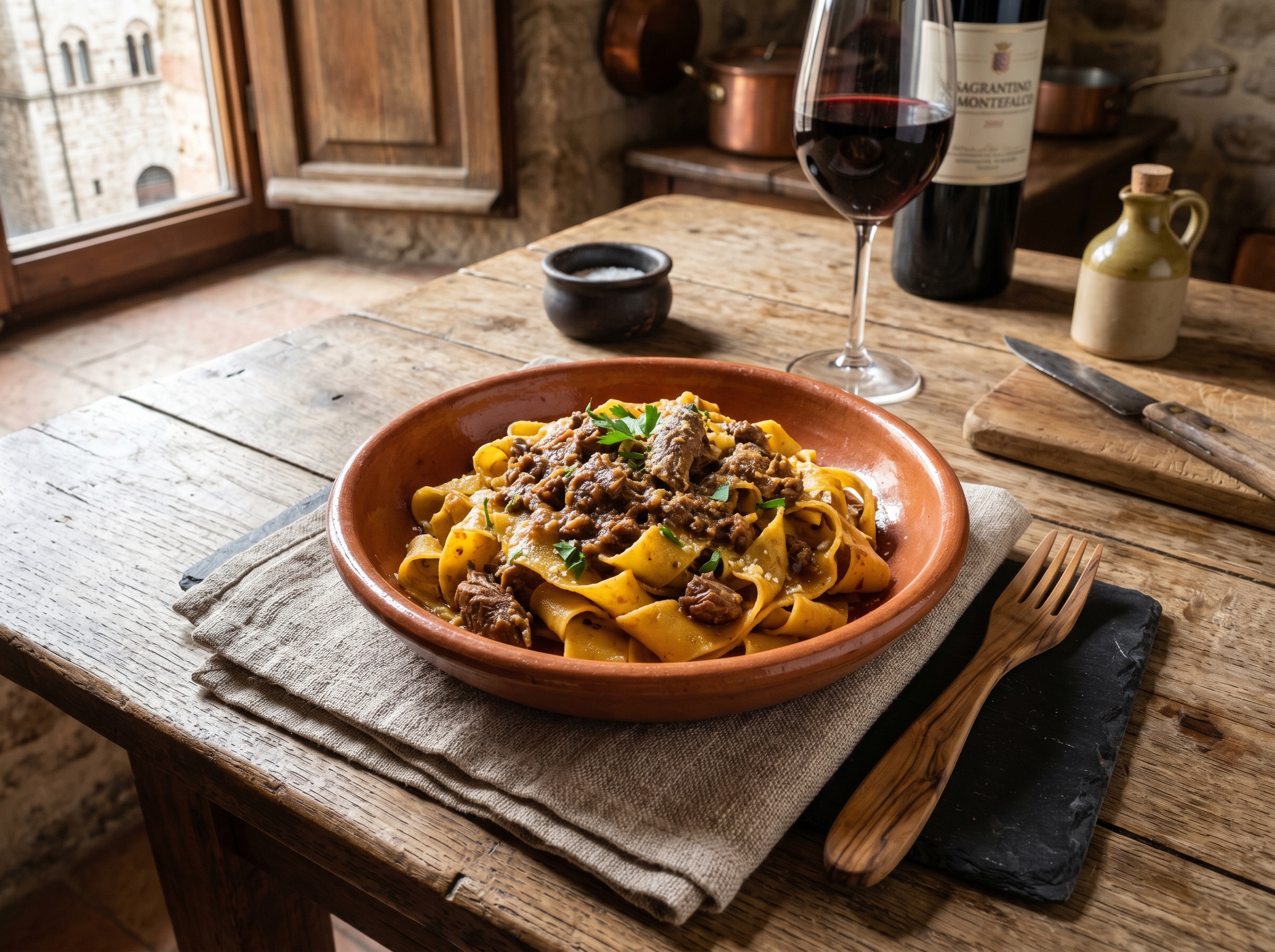 Pappardelle alla lepre umbre: pasta all'uovo larga con ragù di lepre al vino rosso e rosmarino