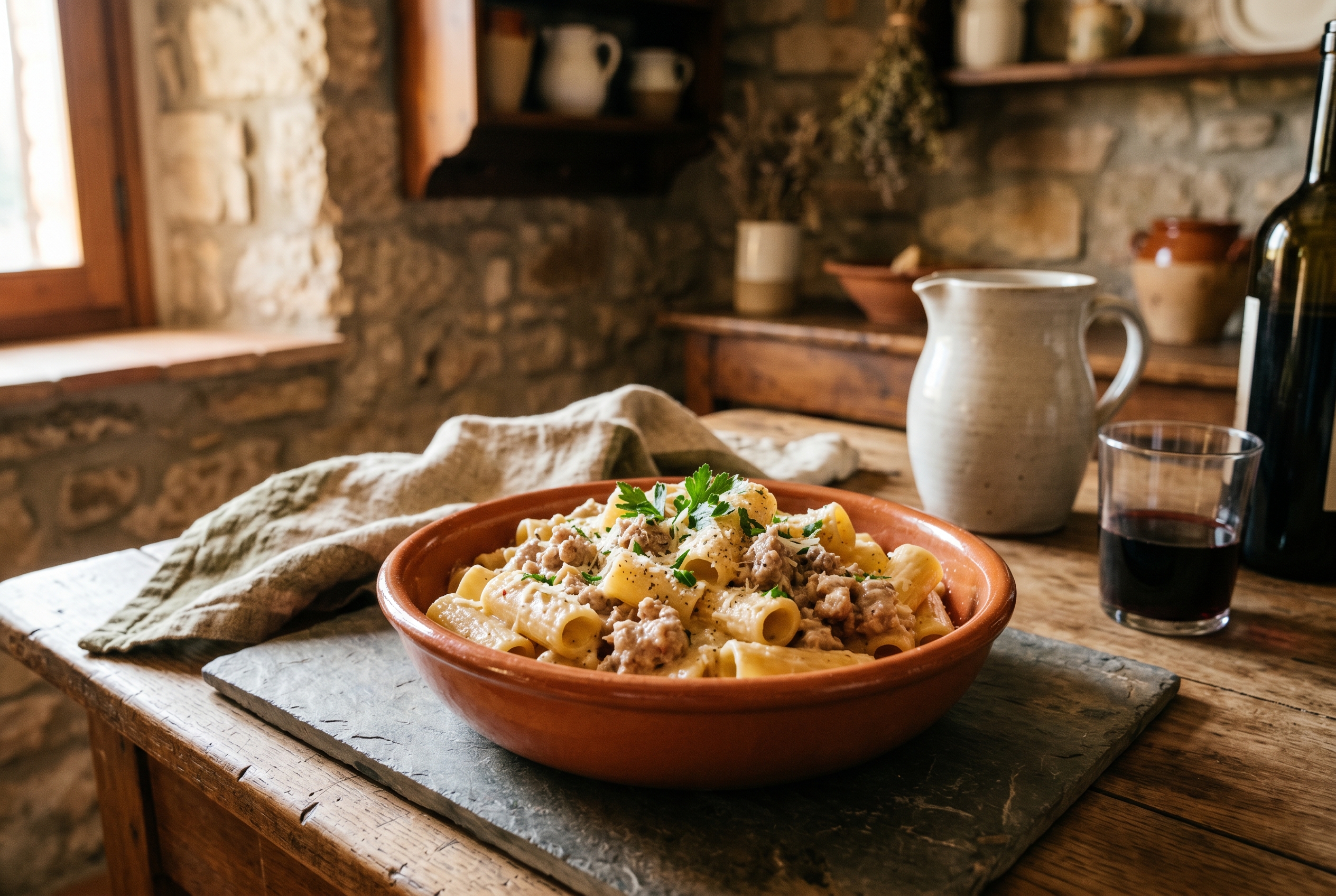 Pasta alla Norcina servito a tavola