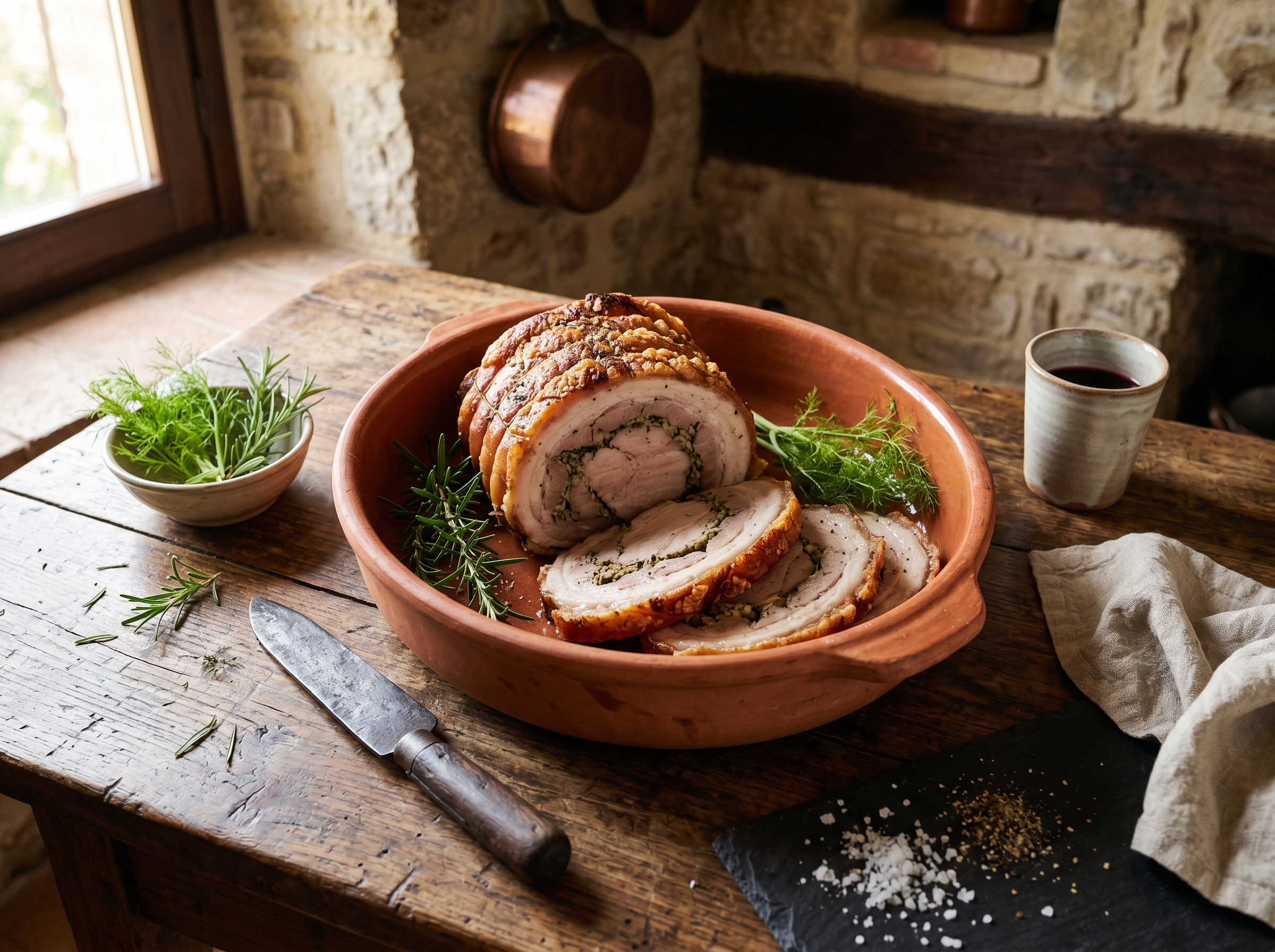 Porchetta umbra: maiale arrostito con finocchio selvatico e cotenna croccante, tradizione spoletina