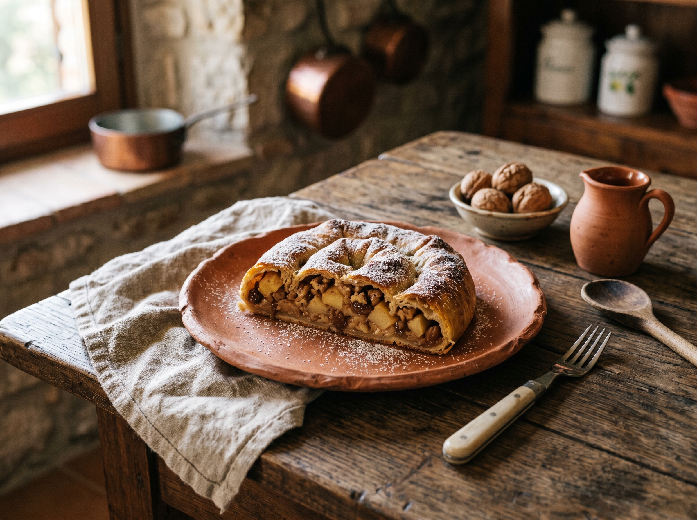 Rocciata umbra di Assisi: rotolo di pasta sottile con ripieno di frutta secca, mele e cacao