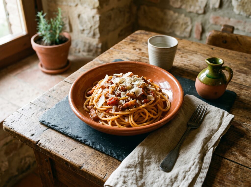 Spaghetti col rancetto perugino: pasta con pancetta croccante cipolla e pomodoro con aceto