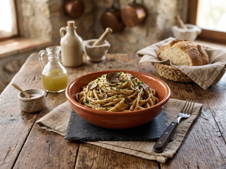 Strangozzi al tartufo nero di Norcia: pasta fresca umbra con lamelle di Tuber melanosporum