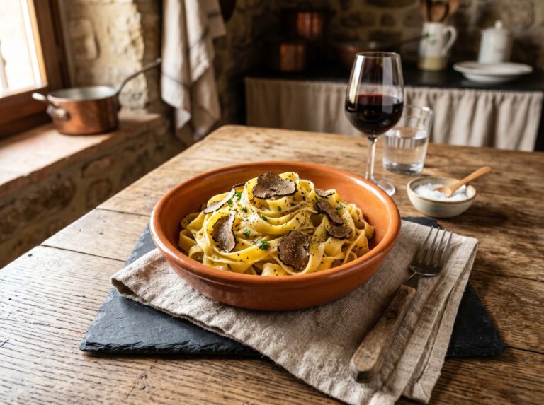 Tagliatelle al tartufo nero umbro: sfoglia fresca all'uovo con lamelle di tartufo di Norcia