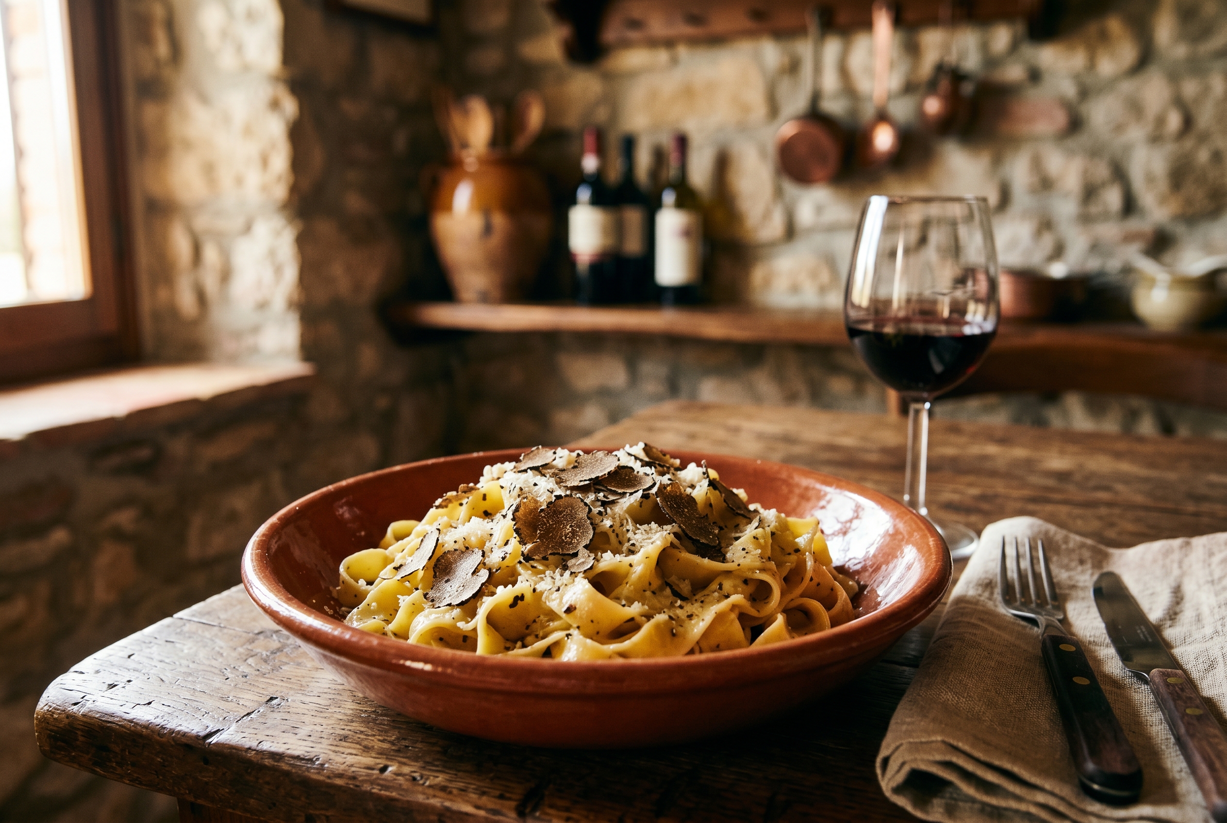 Tagliatelle al Tartufo Nero Umbro servito a tavola