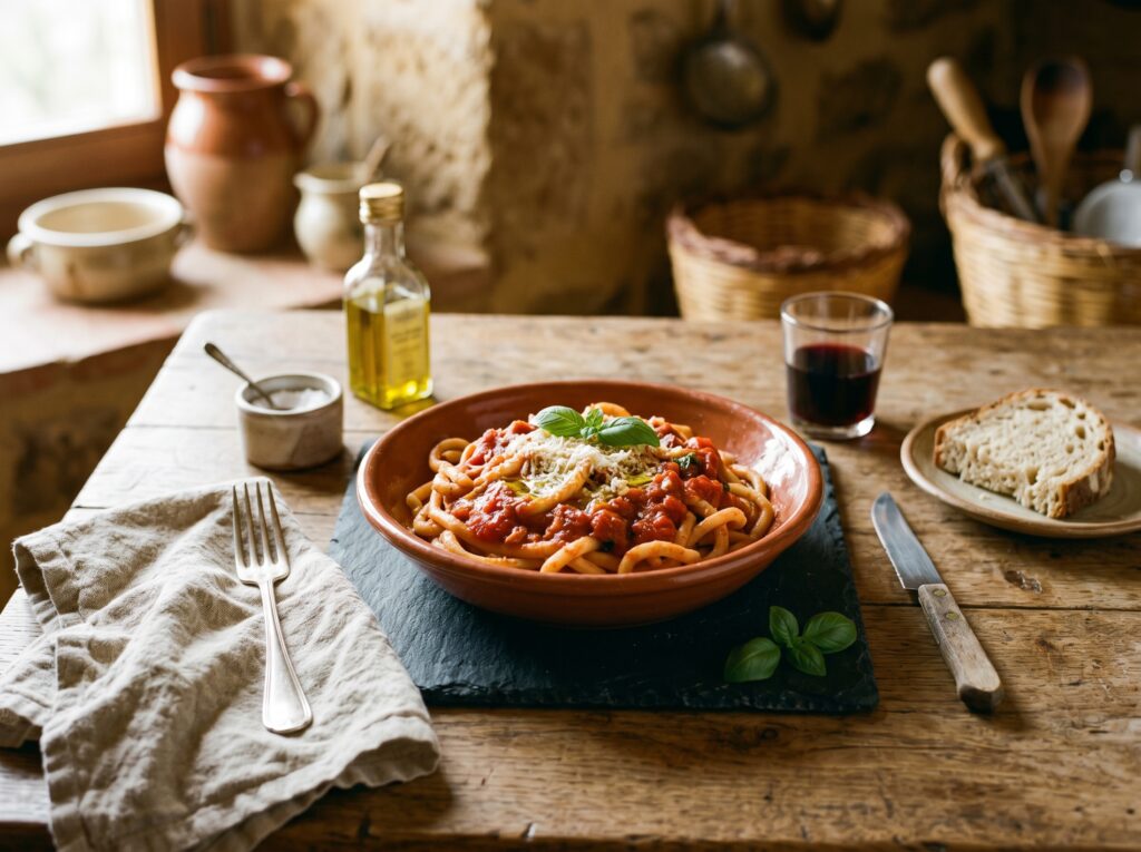 Umbricelli orvietani: pasta fresca umbra con condimento all'aglione della Valdichiana