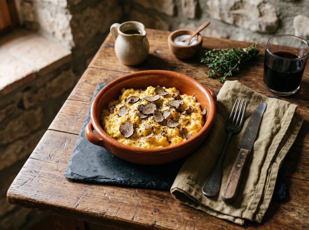 Uova strapazzate al tartufo di Norcia: crema morbida di uova con tartufo nero grattugiato su pane umbro
